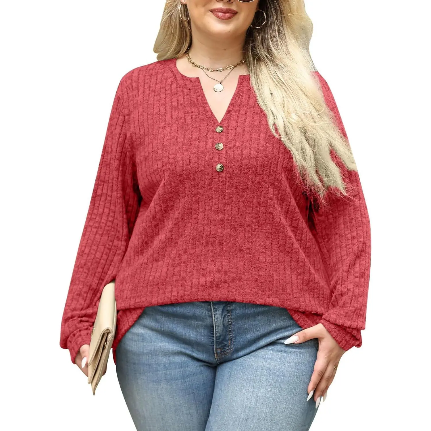 Plus Size Tops for Women Long Sleeve V Neck Button Down Shirts Casual Loose Tunic Sweaters Fall Winter Outfits L-4XL
