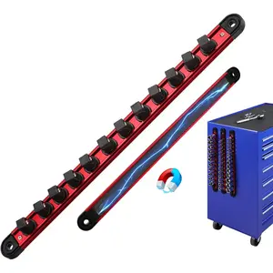 1/2-Inch Magnetic Socket Organizer Rail, Aluminum Alloy Heavy Duty Sockets Holder with 12 Clips, 360° Swivel Clip Tool Tray, Sockets Organizer for Tool Box Drawer (Red)