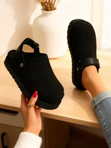Women's Thick Sole Mule Slippers, Plush Platform Half Slipper Shoes, Textile Upper, Rubber Material, All Seasons Wear, Shoes Mules