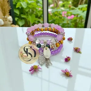 Sinoniyah Designs Natural Stone Leaf Shell Charm Bracelet Set 4pcs Purple for Adults with Silver-Toned Details & Authentic Shell Charms