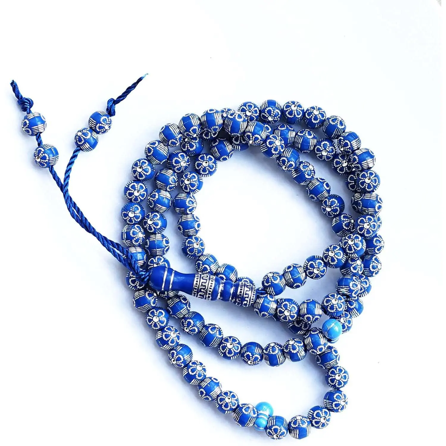 Unisex Islamic Prayer Beads Necklace, Blue Acrylic Tasbih with Silver Accents, 99 8mm Smooth Scratch-Resistant Beads for Dhikr & 99 Names of Allah, 24.5in Glass Ball Chain, Strong Strings, 24.5" Circumference, Durable, Rosary, 99 Beads