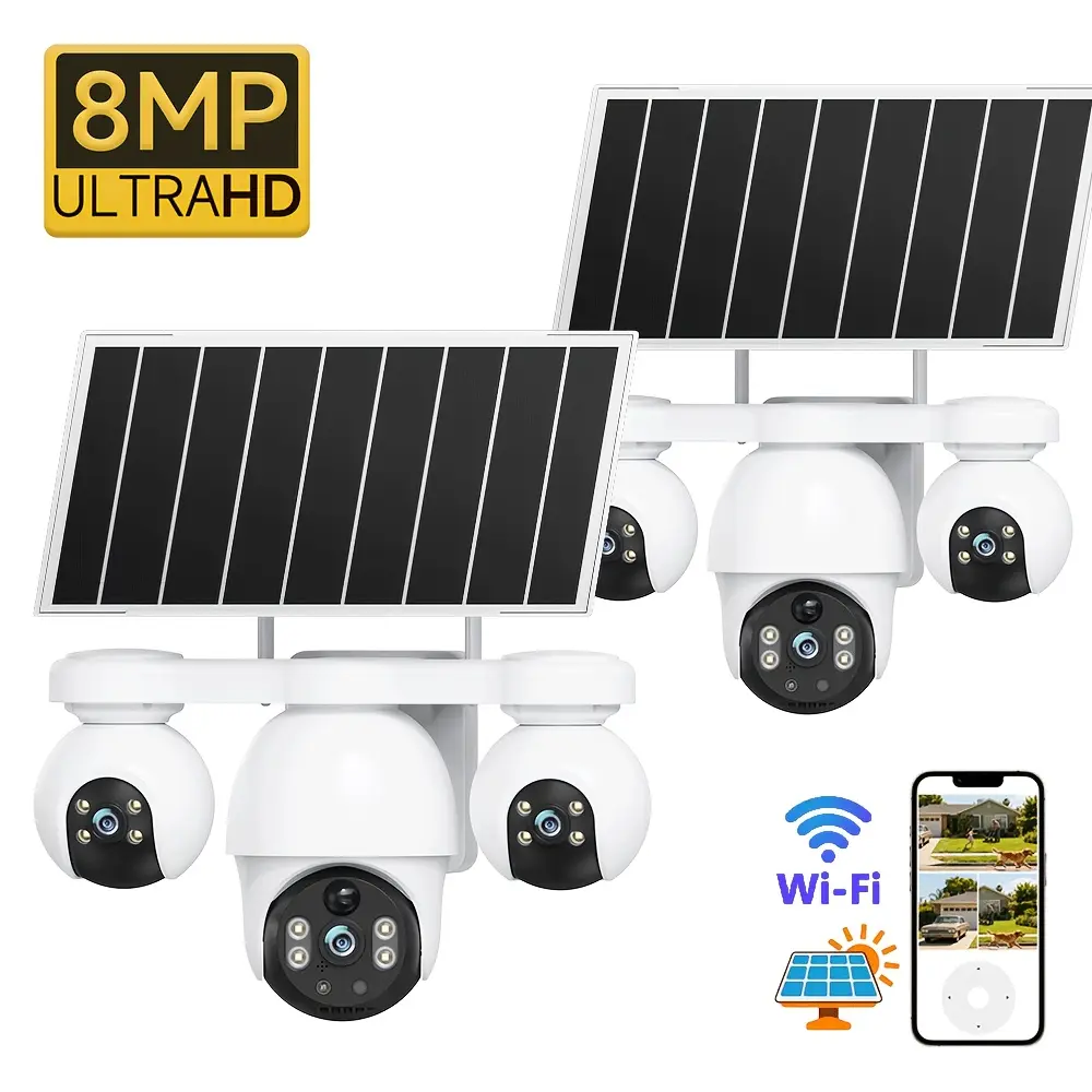 XIAOVV 2 Pieces 8MP WiFi Solar Outdoor Camera With Three Lens Three Screens Security Cameras Support PTZ 360° Pan/Tilt Rotation, PIR Human Detection, Two-way Audio, Color Night Vision,Motion Alarm, Easy Installation Home Intelligent Monitoring