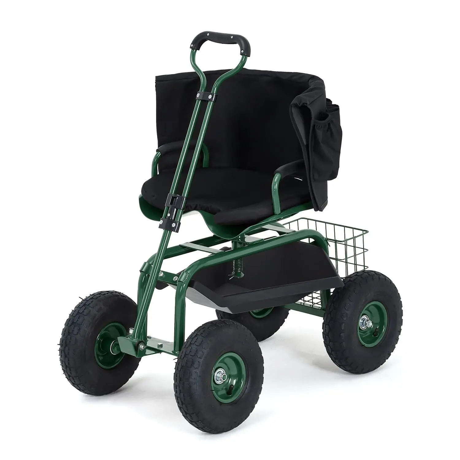 Rolling Garden Work Seat with Wheels, 360° Swivel Seat Gardening Cart with Extendable Steering Handle, Tool Tray and Storage Basket, 400 lbs Capacity, Gardening Stools for Patio, Yard, and Outdoors