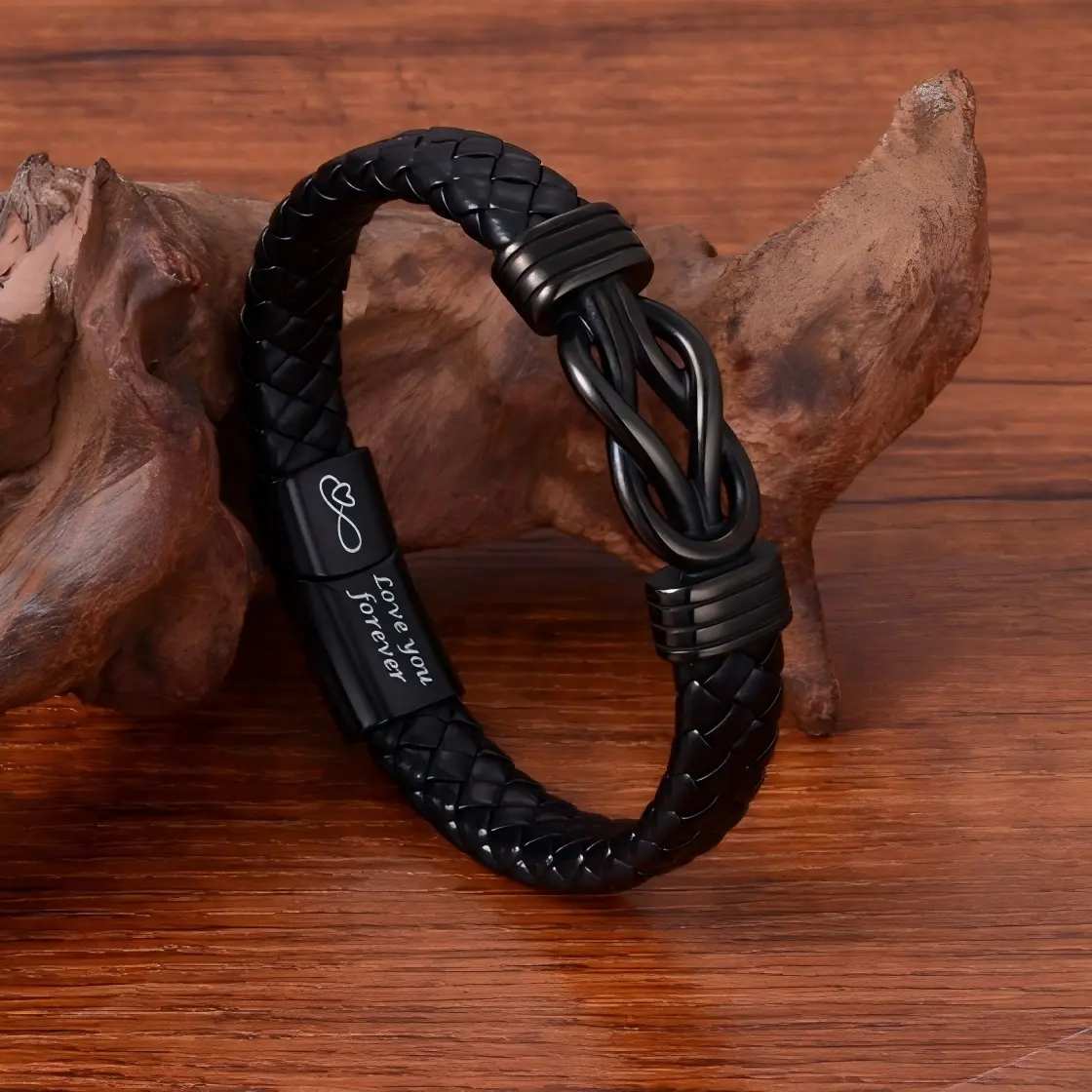 Men's Fully Adjustable Infinity Braided Leather Bracelet - Black Knot Edgy Retro Waterproof Hypoallergenic Streetwear Men's Accessories, Casual Daily Jewelry, Boyfriend Christmas Gift, Male, Birthday, Versatile