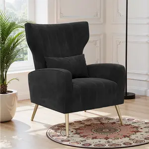 Velvet Accent Chair Wingback for Living Room, High Back Arm Chair with Golden Legs Lumbar Pillow, Upholstered Single Sofa Bedroom Beige