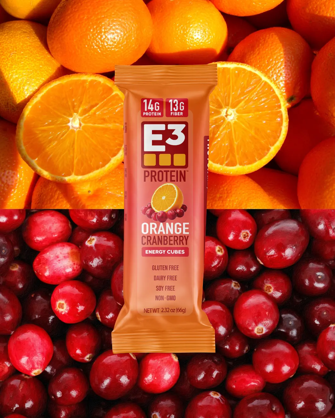 Orange Cranberry E3 Energy Cubes - Refrigerated Protein Bars (12 bars) | Gluten-free | Dairy-free | Soy-free | Non-GMO | All Natural | High Fiber | Egg White Protein and Grass-fed Collagen Peptides | Meal Replacement or Snack | Clean Ingredients