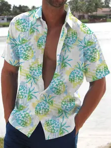 Men's Summer Hawaiian Tropical Shirt Collared Blue Pineapple Print, Soft Skin-Friendly Material, Perfect for Vacation Casual Wear, Limited Time Offer