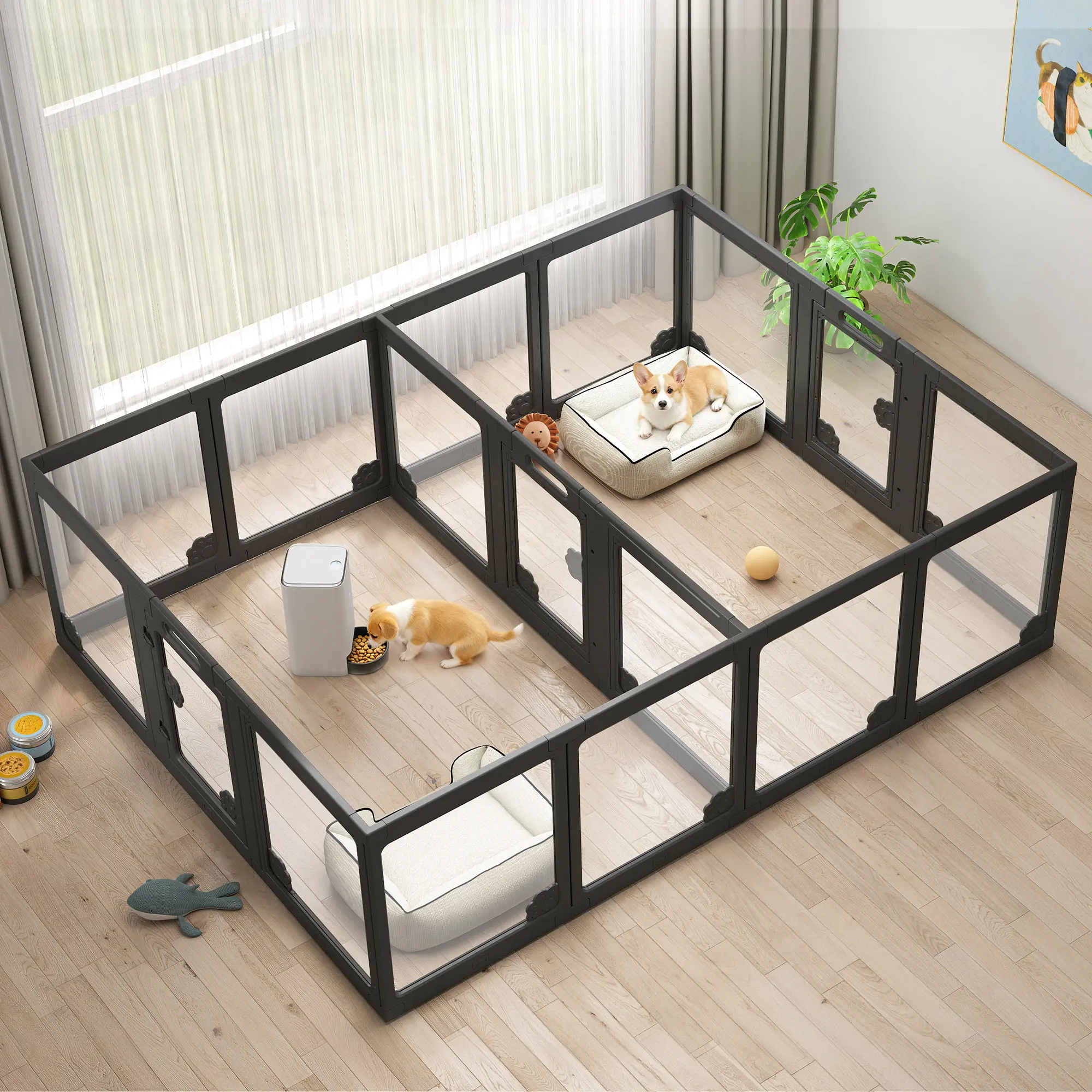 [SummerSale] AMERLIFE Acrylic Clear Dog Playpen Indoor, Modular Puppy Cat Small Pet Play Pen with Doors, Transparent Fence for Little Dogs, Cats, Rabbits, Easy Assemble and Disassemble, (24" H, 10/14/17 pcs)