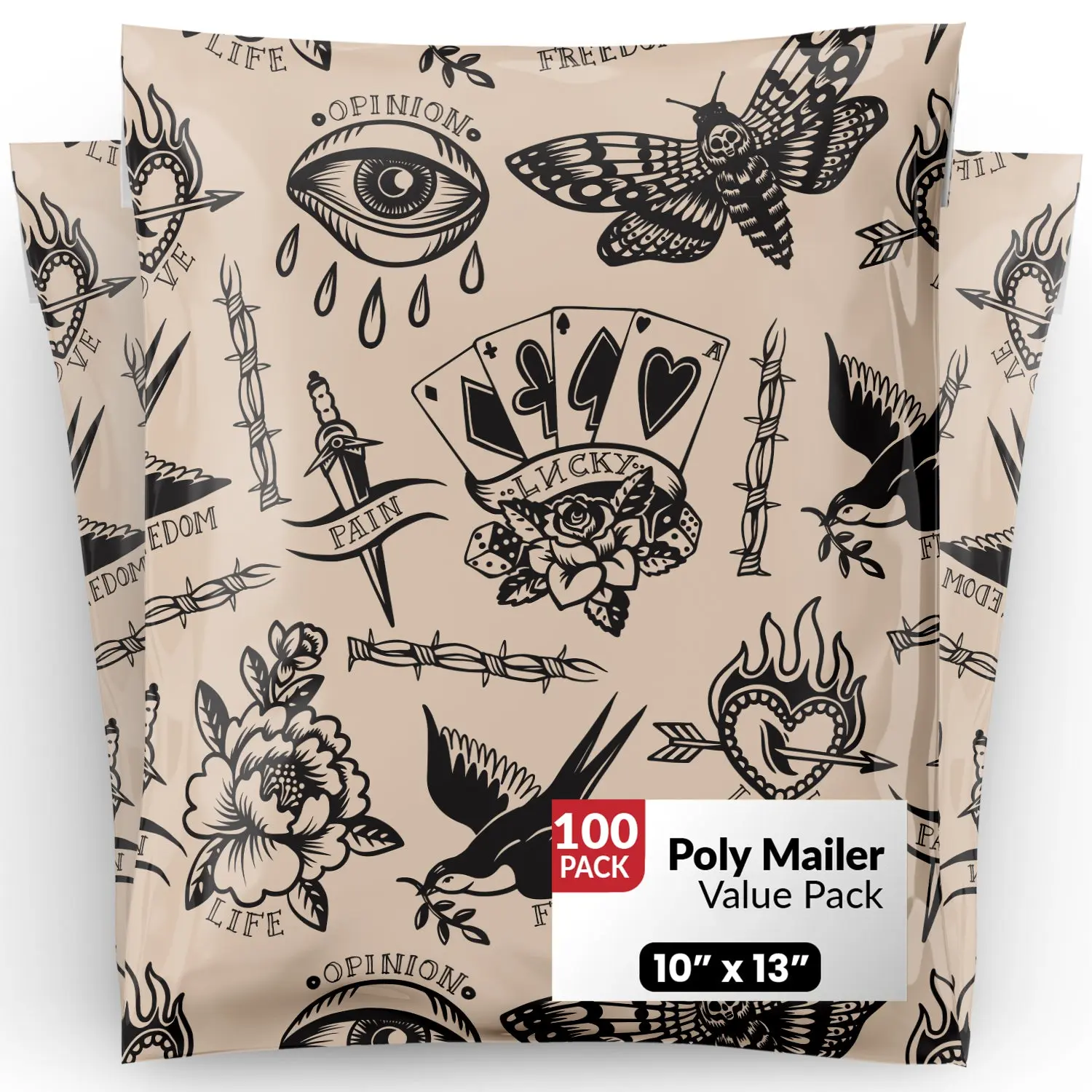 Package Mint Poly Mailers 10x13 - 100 Pack Vintage Tattoo Design Poly Mailers Shipping Bags - Waterproof, Tear-Resistant, Self-Adhesive Seal - Decorative Mailing Bags for Clothes, Accessories