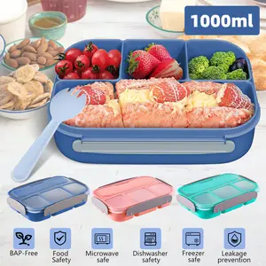 Bento Lunch Box, Boys and Girls Bento Lunch Box with 4 Compartments and Spoon 1000 ML Leakproof Food Storage Box for School, Work and Travel, BPA Free, Three Colors Gift, Christmas gift