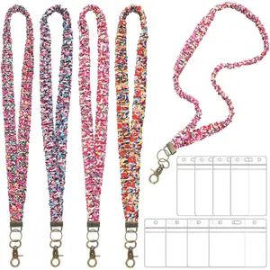 4 count Stretchy Scrunchie Lanyards with 8 ID Holder for ID Badges and , Cute  Scrunchie Lanyard for Teacher Appreciation Gifts  School Classroom(Colorful,Floral Style)