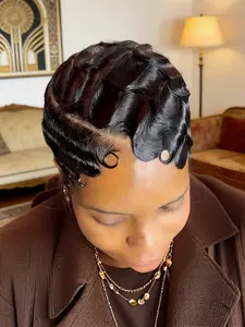 13x4 Lace Front Finger Wave Pixie Cut Wig Human Hair 180% Density Pre-Plucked Elegant Protective Hairstyle for Women Glueless Frontal Wigs Glueless Human Hair
