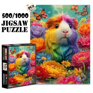 1pc 1000 piece adult puzzle 70x50cm Colorful Guinea Pig Surrounded by Flowers and Butterflies 500 pieces of paper jigsaw puzzle, suitable for adults and families, large-scale DIY puzzle interactive Animals