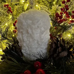 Snow Covered Pillar Candle Set 2 for Holiday Christmas Decor 6 Inch Winter Charm Festive Settings