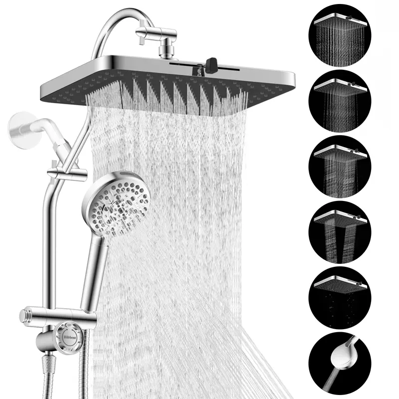 Hibbent Upgraded Chrome Wall-Mount Brass Shower Combo - cUPC Certified Modern Shower Head (13in High-Pressure Rainfall), 10-Settings 10-Spray Mode 5-Jet Handheld, 4-Way Diverter 12in Extension Arm, 71in Hose, Holder, 4-in-1 Adjustable System