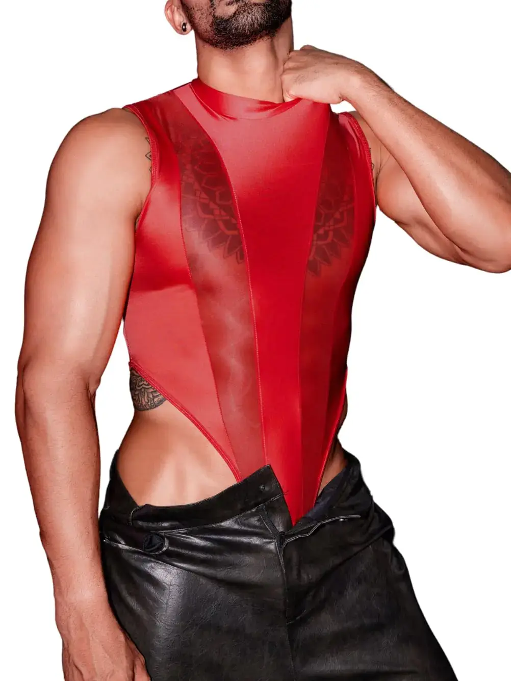 EHSUYAB Mens Sexy Lingerie Hook Crotch Thong High Cut Bodysuit Top Rave Outfit Glossy Mock Neck Sheer Singlet Muscle Suit Red Machine Washable Comfortable Lightweight Fabric
