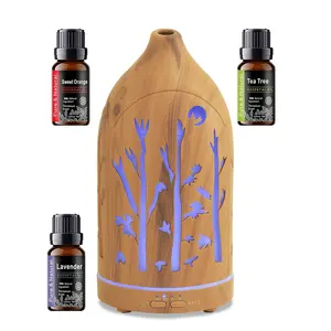 7 Color LED Diffuser  3 Essential Oils  Auto Shut Off, Ultra Quiet, Stylish Hollow Design Aroma Blend Scented Aroma Scented Floral Fragrance Light Wood Grain