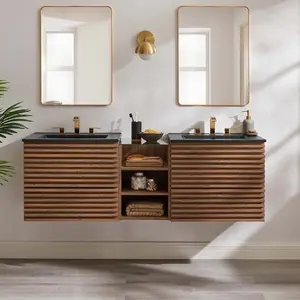 Render 62" Wall-Mount Double Sink Bathroom Vanity in Walnut Black