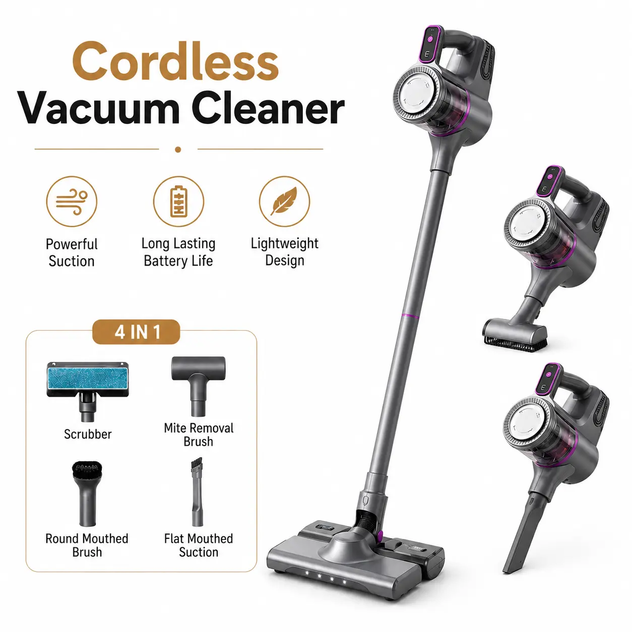 15000Pa Strong Suction Cordless Handheld Stick Vacuum Cleaner HB-801 with Mop, Mite Removal HEPA Filter, Interchangeable Heads - Compact Portable Whole Home Deep Cleaner for Pet Hair, Cordless Vacuum, Handheld Vacuums