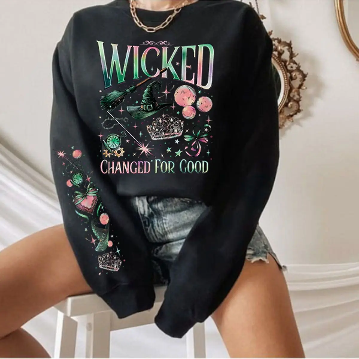 Wicked Change For Good Sweatshirt, Defy Gravity Broomstick Magic Wand, Wizard Movie Musical Sweatshirt, Unisex Long Sleeve Crewneck Sweater