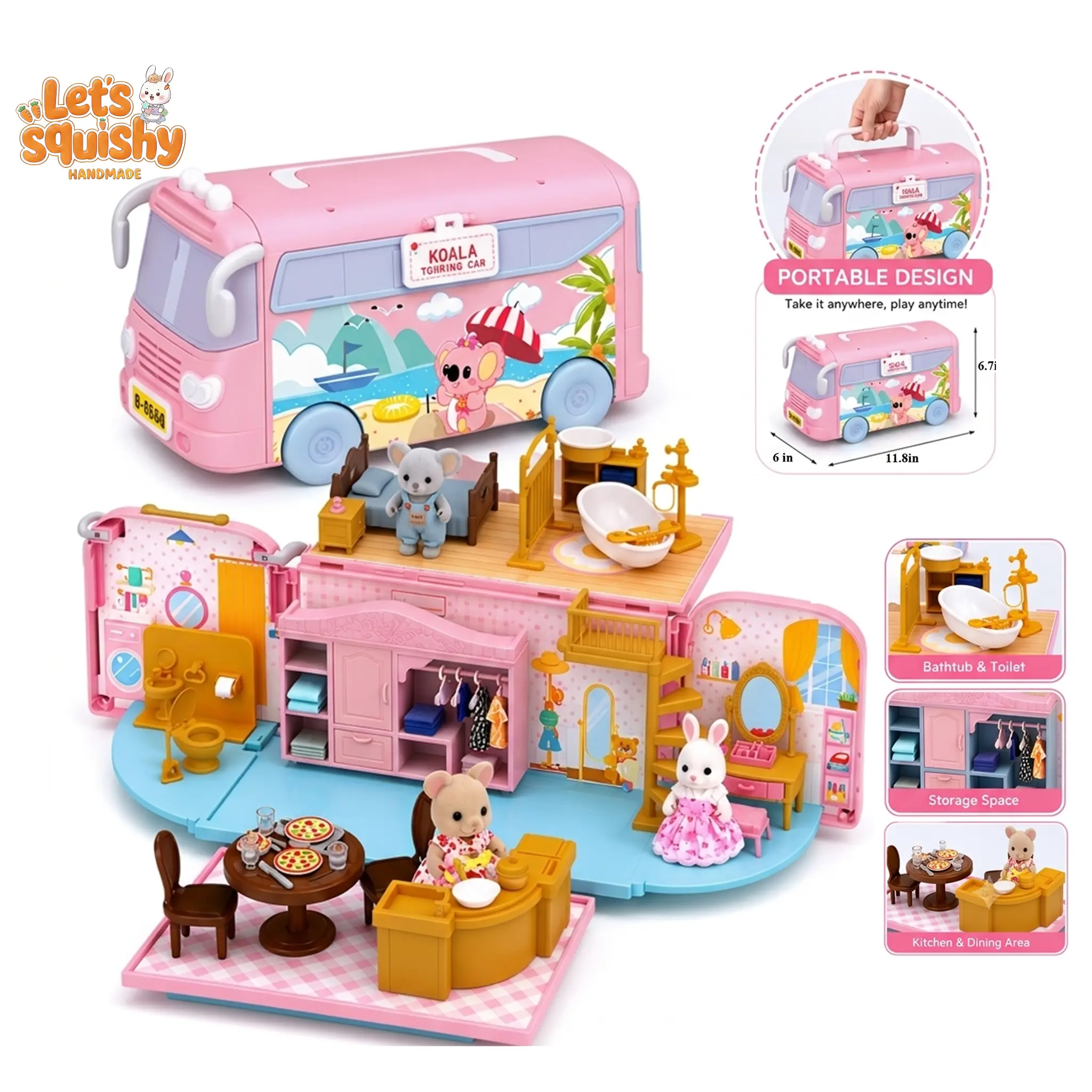 Letssquishy Portable Camper Bus Dollhouse Playset, Foldable Pretend Play House with Bunny Dolls and Furniture, DIY Mini Cottage Travel Toy for Girls Ages 3-6,DIY Mini House Pretend Play Set, Birthday Christmas Gift
