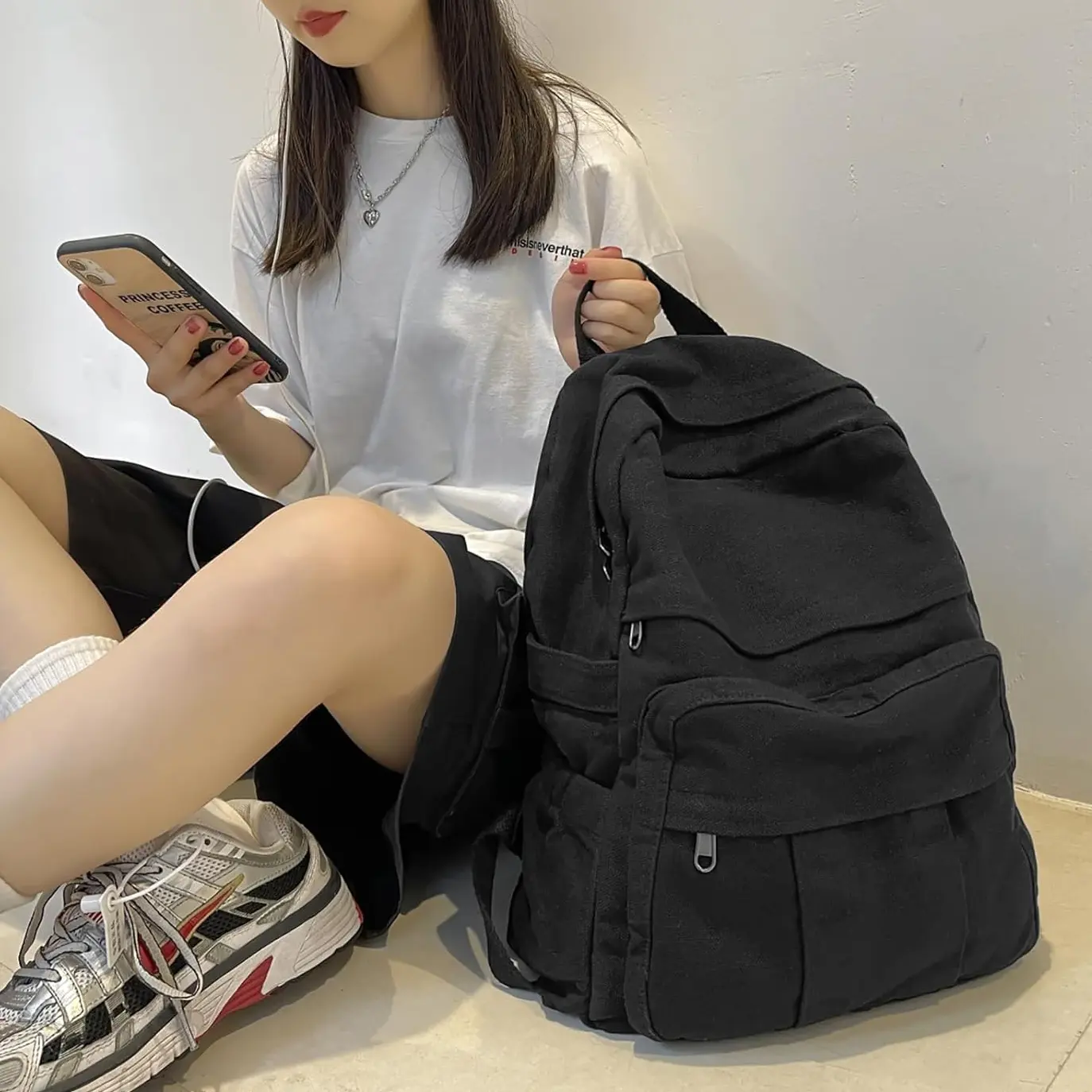 Women's Vintage Cute Multi Pocket Canvas Backpack - Lightweight Casual Book Bag, Black Laptop Daypack for College Students (Cute Backpacks for School), Multi Pocket Backpack