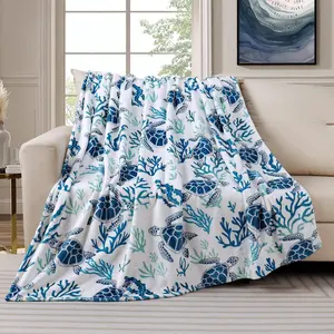 Turtle Print Flannel Fabric Throw Blanket, Blue Ocean Coral Design, Super Soft Lightweight Plush, Multi-Size Blanket for Bedding, Sofa