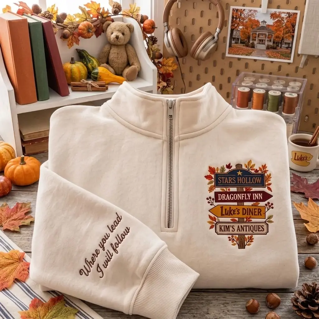 Cozy Star Hollow Embroidered Quarter Zip Sweatshirt, Gilmore Girls Crewneck, Autumn Bookish Gift, Gift for TV Fans.