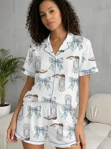 Coquette Blue Bow And Boots Cowgirl Short Sleeve Satin Pajama Set, Cowboy Boots Pajamas Shirt, Holiday Party Pajama Gift Family Women Men
