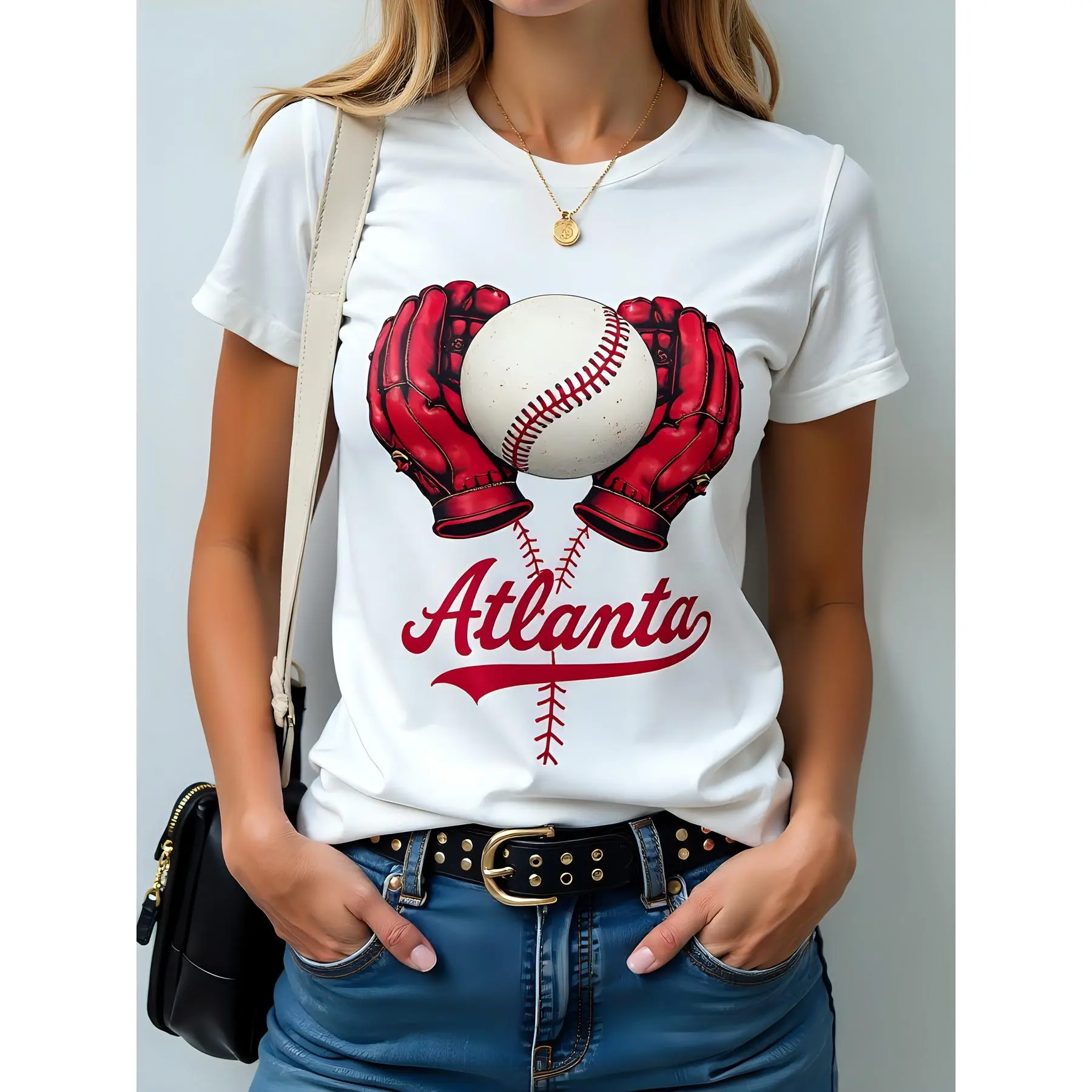 Women's Atlanta Digital Print Pure Cotton T-Shirt - 180g Casual Wear, Baggy Loose-Fit Short-Sleeve Crew Neck Knit Top for Plus Size Comfort