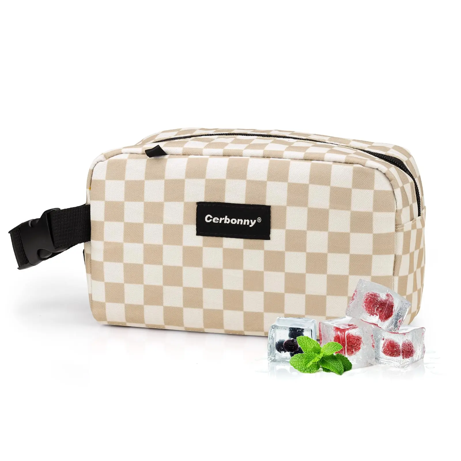 Cerbonny Mini Freezable Bag for Women, Khaki Checkerboard, Little Cooler Bag, Small Snack Bag, 3 Cans Capacity, Travel Essentials back to school