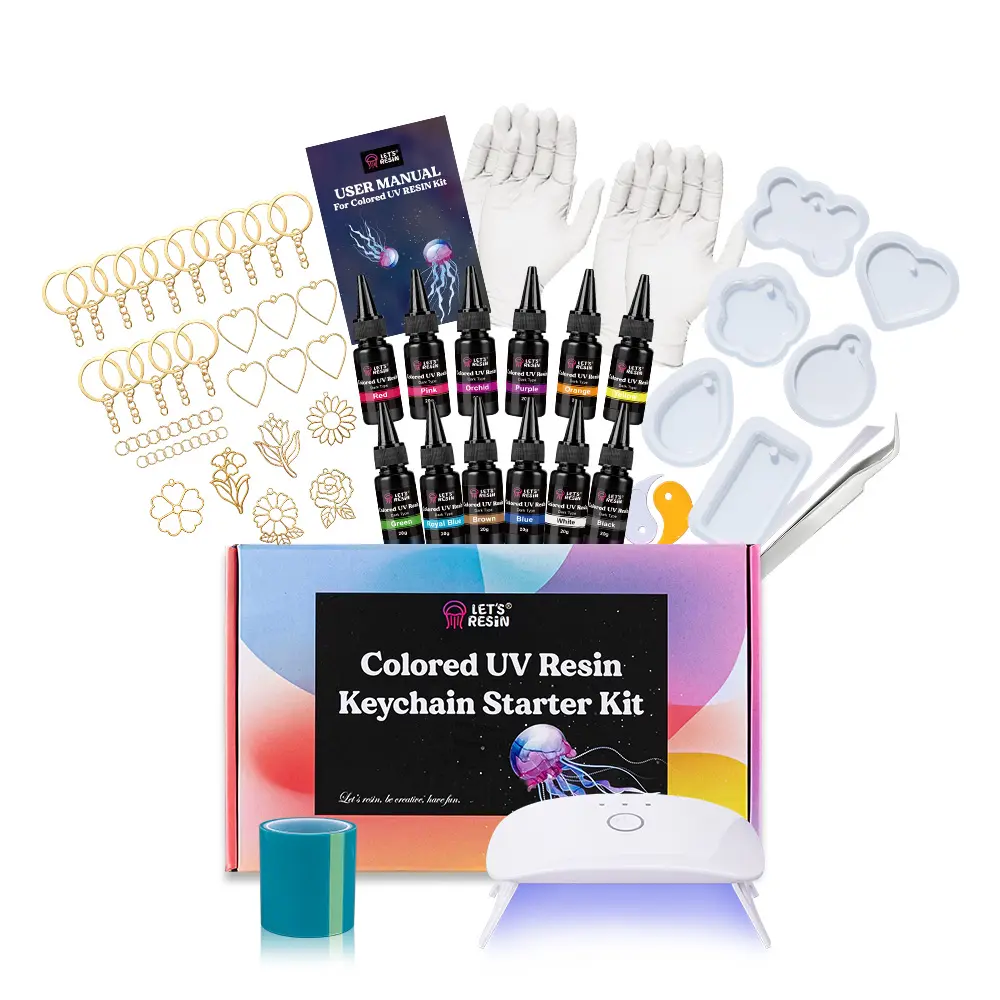 LET'S RESIN-All-ln-One Keychain Making Kit, mothersdaygift, Starter Kit, 12-Color UV Resin with Keychain Molds Silicone, Valentine's Day gift,UV Light, 6 Styles Flower and Heart Open Bezels for Resin, Jewelry Making Kit for Beginners, Craft Decor tiktoksh