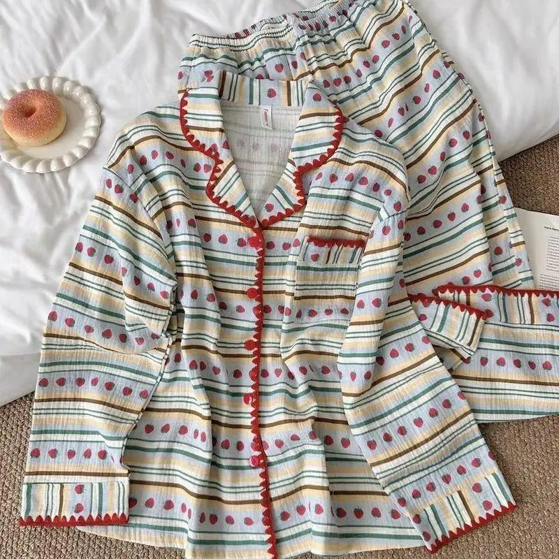 Strawberry Striped Cloud Cotton Long Sleeve 2-Piece Pajama Set - Women's 2026 Spring Fall Sweet Princess Style Teen Girls Casual Soft Loungewear Sleepwear