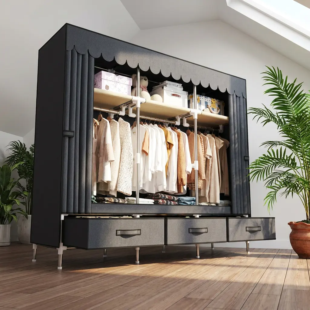 Portable Clothes Organizer with 3 Hanging Rods, 3 Storage racks and 3 Drawers, Non-Woven Fabric Cover, Large Capacity Storage for Bedroom and Living Room,Black, 59.05" W x 17.71" D x 64.96" H, Vertical Storage Wardrobes, With Compartments Wardrobes