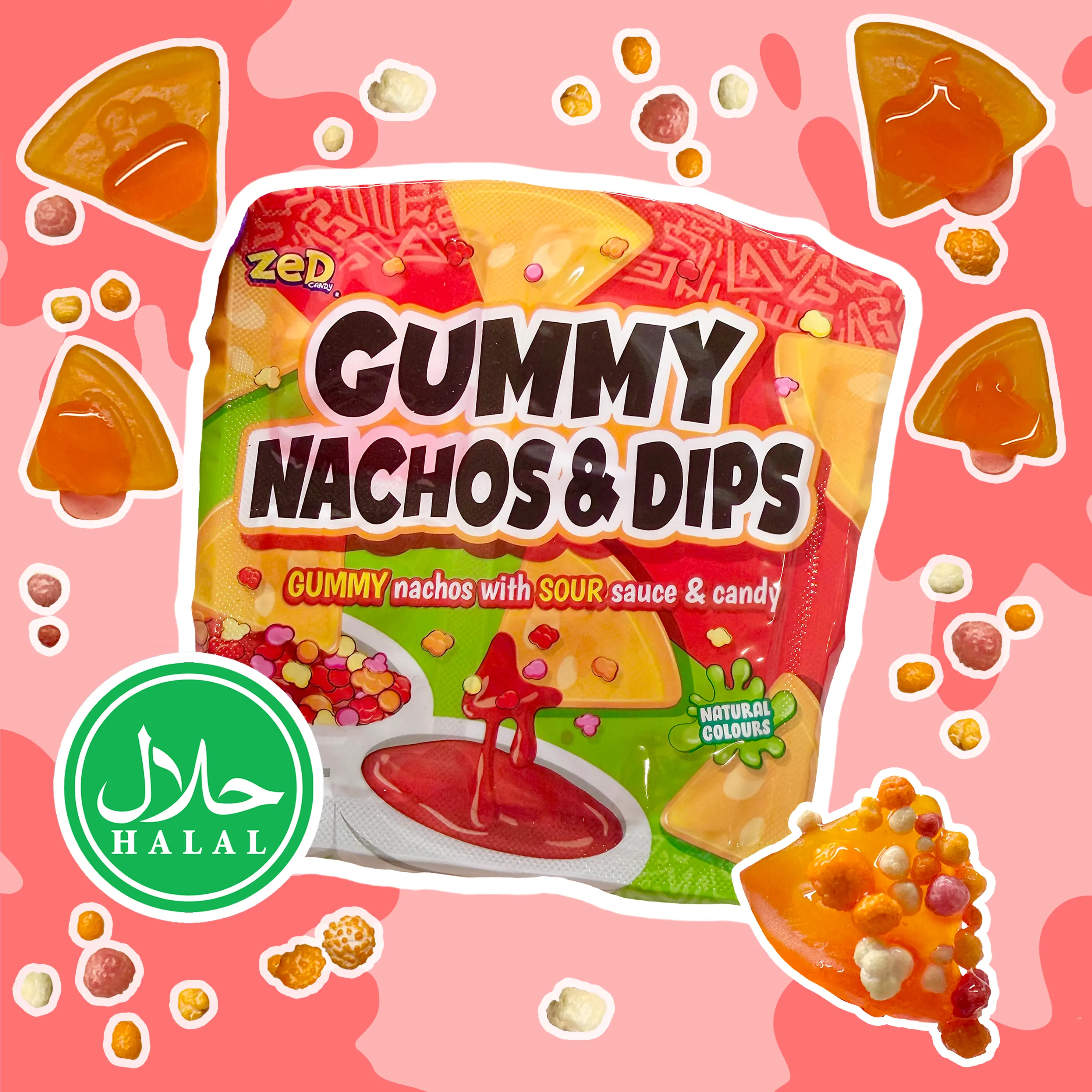 Halal Gummy Nachos & Dips Candy Kit – Sour Sauce, Crunchy Candy Sprinkles & Orange Gummies