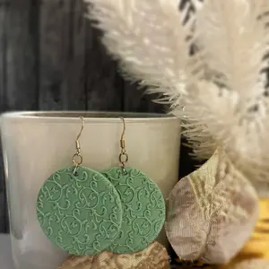 Handcrafted Polymer Clay Earrings - Round Mint Green with Rose Vine Design, Lightweight & Hypoallergenic