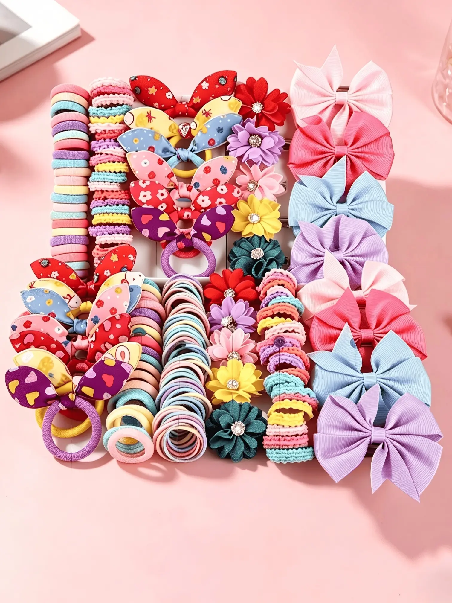 73-piece hair accessory set, Fashion Hair Accessories. Includes bow hair clips, flower hair clips, bow hair ties, and small elastic bands. Suitable for little girls' daily wear, school performances, and party outfits. Hairstyle accessory combo set