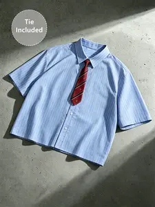 Unisex Cropped Striped Button-Down Shirt With Tie, Y2K Casual School & Daily Top, For Casual Daily Outfits