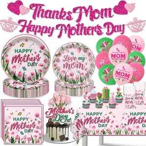 Mothers Day Decorations Happy Mother’s Tableware Sets Include Thanks Mom Happy Mothers Day Banners Plates Napkins Tablecloth Cake Topper Balloons for Birthday Mother's Day Party Supplies Serve 20