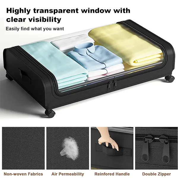 Under Bed Rolling Storage Box Organiser - Silent Wheels, Thick Transparent PVC, Dustproof, Moisture-Resistant, Durable Rectangular Bedroom Storage Drawer for Sundries, Fits Standard Bed