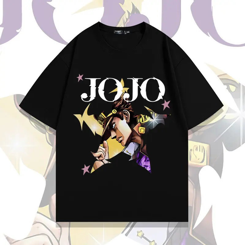 JoJo's Bizarre Adventure Jotaro Kujo Iconic Hat Tip T-Shirt | Oversized Heavyweight Cotton Unisex Streetwear, Big JOJO Lettering Star Accents Design, Father's Day Gift for Classic Anime Fans