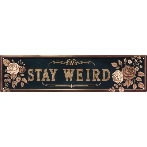 "Stay Weird" Motto Gothic Rose Floral Vintage Metal Hanging Plaque - 4x16in Rectangular Home Decor Sign, Dark Gold Contrast Edgy Look, Bohemian Unique Whimsical Home Decor, Quirky Gifts Vintage Plaque Decoration Adult Gift