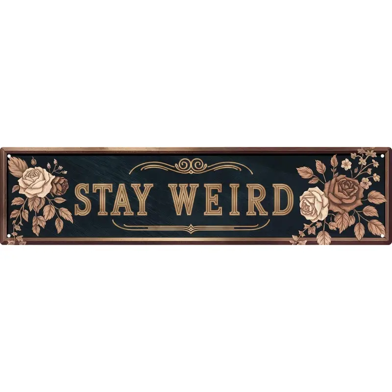 "Stay Weird" Motto Gothic Rose Floral Vintage Metal Hanging Plaque - 4x16in Rectangular Home Decor Sign, Dark Gold Contrast Edgy Look, Bohemian Unique Whimsical Home Decor, Quirky Gifts Vintage Plaque Decoration Adult Gift