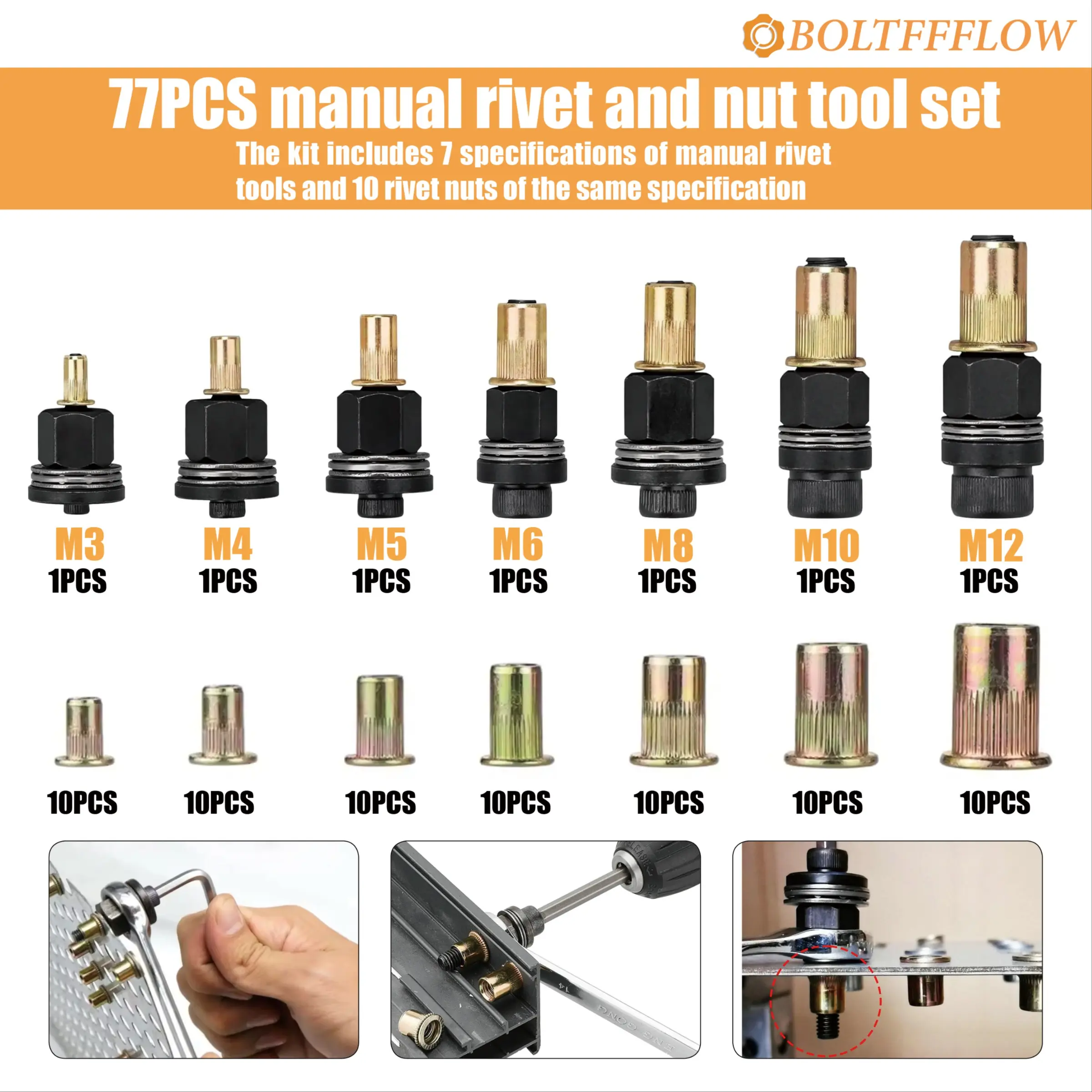 77pcs Manual Rivet Tool Set, Includes 7 Sizes (m3-M2), Comes with 10 Rivet Nuts, Ideal for Automotive, Industrial, Home Decoration, Hand Tools, Tool Kit