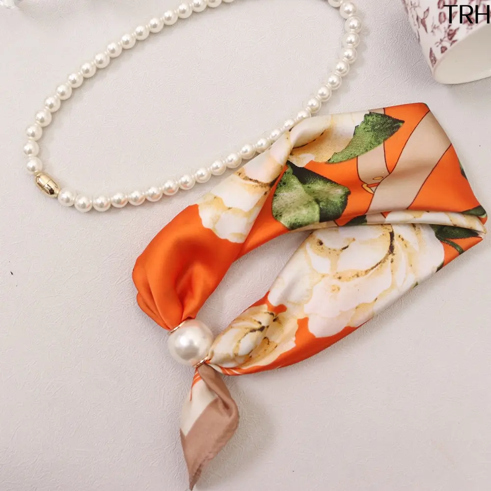 Women's 2-in-1 Magnetic Scarf Necklace, Vintage Paisley Satin Neckerchief with Pearl Beads, Lightweight Daily Sun Protection for Coastal Style, Print, Female, Commute, Decorative Scarf, Neck Scarves