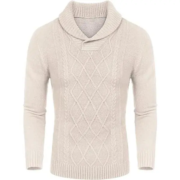 COOFANDY Men's Shawl Collar Sweaters V-Neck Relaxed Fit Cable Pullovers Casual Cotton Menswear Soft Jeans Knitwear Office Long Sleeve Beige