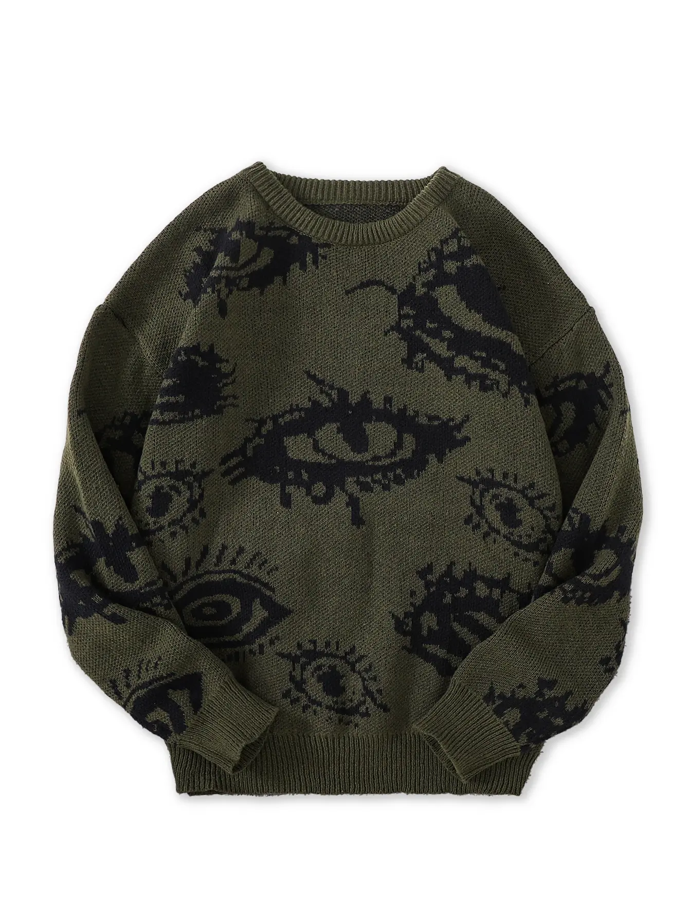 Men's All-Over Eye Print Drop-Shoulder Knit Top, Regular Fit Casual Stretch Fabric Menswear Jumper, Long-Sleeve Round Neck Fitted Fall & Winter Daily Wear Sweater