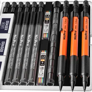 Nicpro 3 PACK 1.3 mm Orange Mechanical Pencils Set with 66 Lead Refill, 3 Eraser - Weatherproof Metal Barrel, Heavy Duty Carpenter Pencil MP2000 for Outdoor Marking Drafting Drawing Woodworking