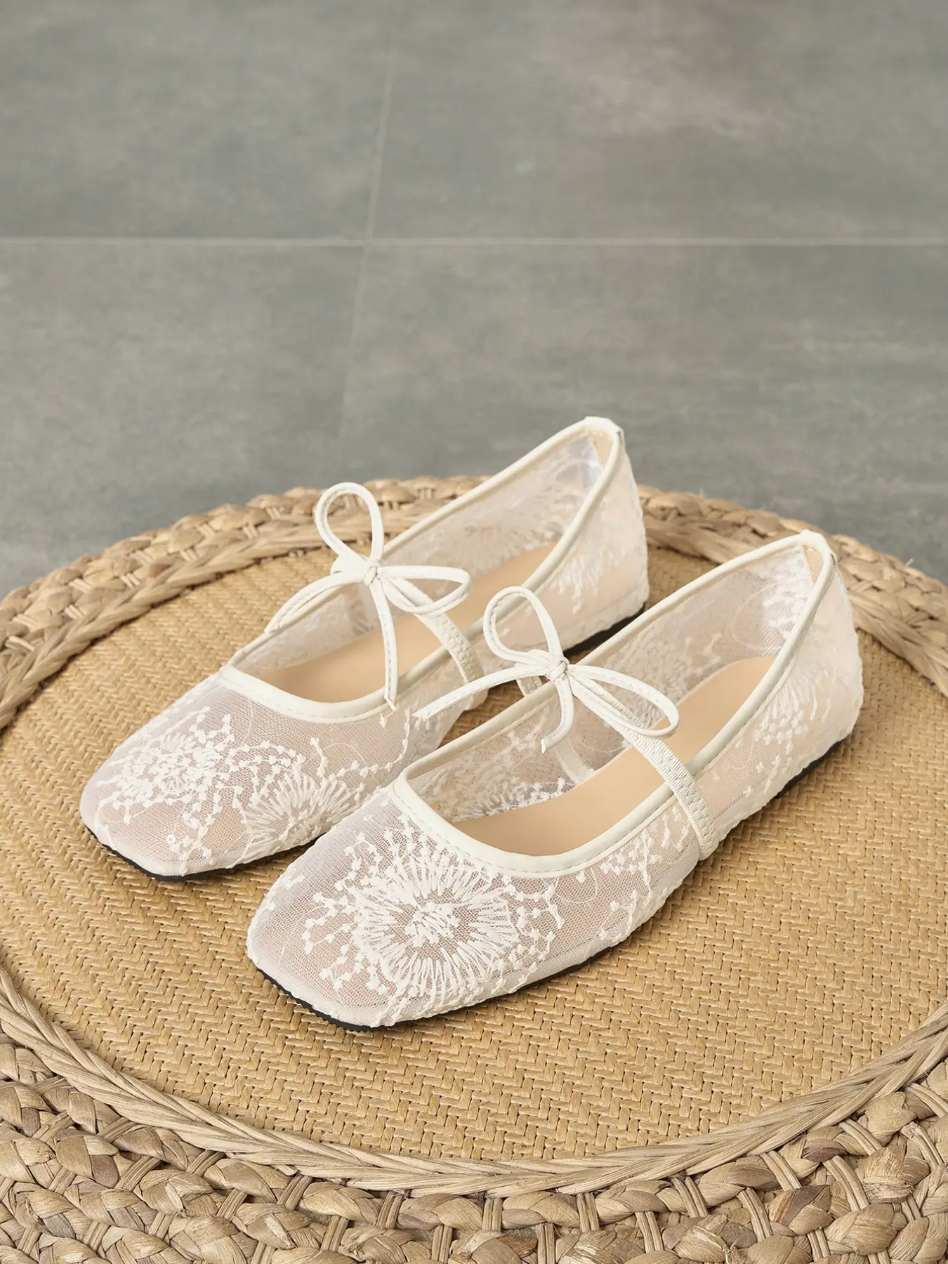 Women's Square Toe Ballet Flats, Floral Embroidery Mesh Sandals, Breathable Summer Shoes, Comfortable Bow Design, Medium Width, Bowknot Design Shoes, Floral Embroidered Shoes