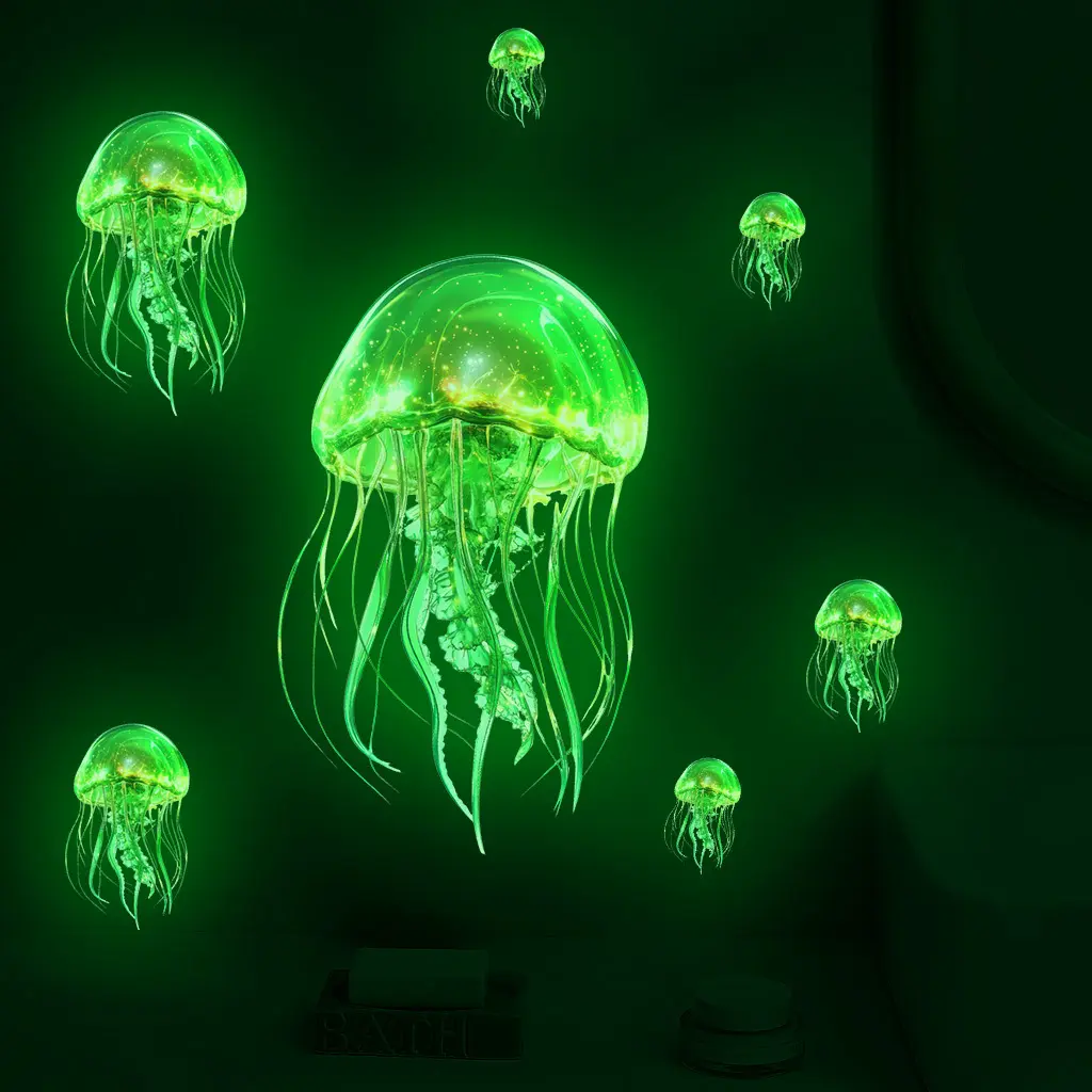 1 set of green jellyfish glow in the dark stickers, self-adhesive vinyl detachable home decoration stickers, easy to peel and paste, suitable for bedroom decoration, wall decoration, home decoration, bathroom decoration